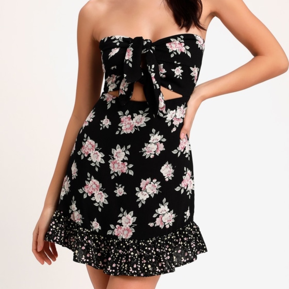 Frances Black Floral Print Strapless Tie-Front Min